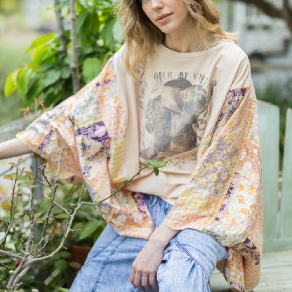 Boho Patchwork Kimono Sleeve Blouse in Cream S/M